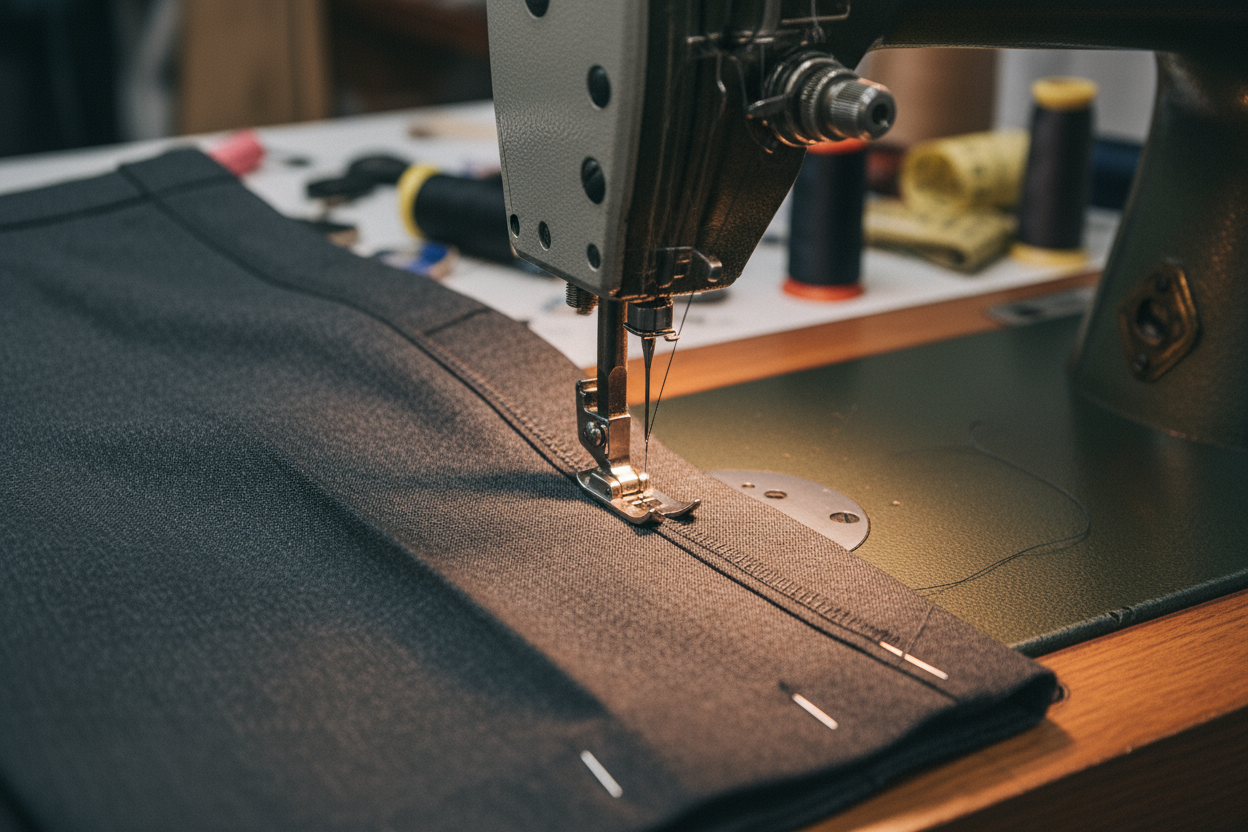 just show tailored trouser being sewn no humans